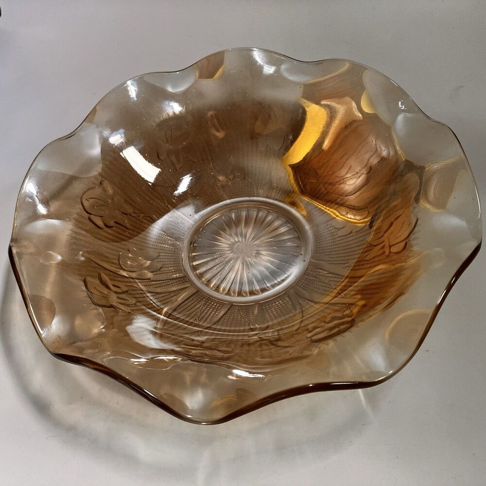 Vtg Jeannette Iris & Herringbone Iridescent Marigold 11.5 in Ruffled Glass Bowl